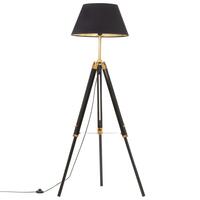 Gulvlampe med trefod 141 cm massivt teaktræ sort og guldfarvet