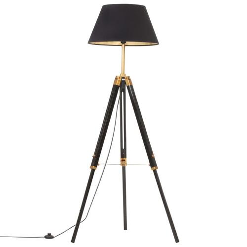 Gulvlampe med trefod 141 cm massivt teaktræ sort og guldfarvet