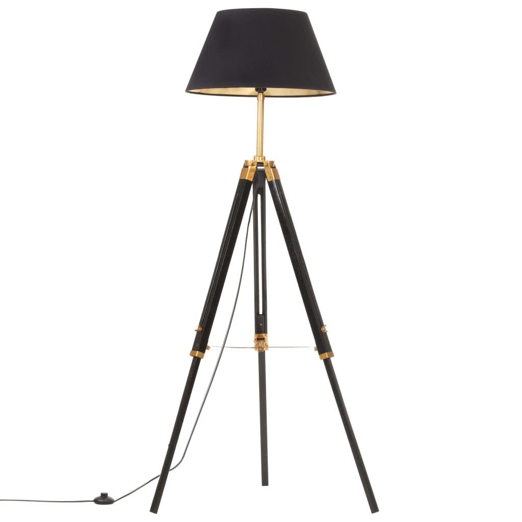 Gulvlampe med trefod 141 cm massivt teaktræ sort og guldfarvet