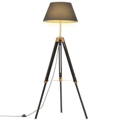 Gulvlampe med trefod 141 cm massivt teaktræ sort og guldfarvet