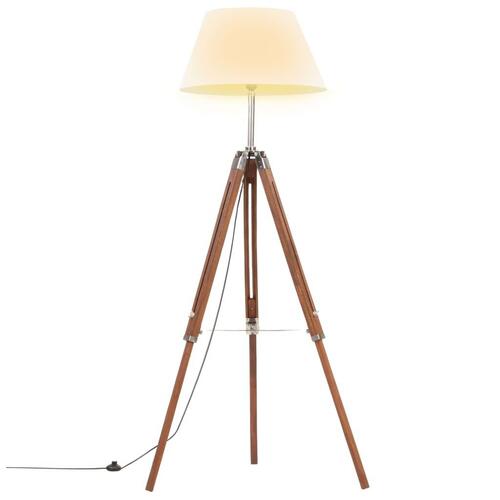 Gulvlampe med trefod 141 cm massivt teaktræ honningbrun og hvid