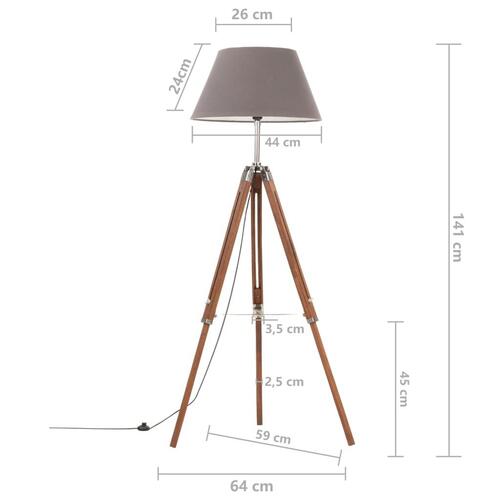 Gulvlampe med trefod 141 cm massivt teaktræ honningbrun og grå