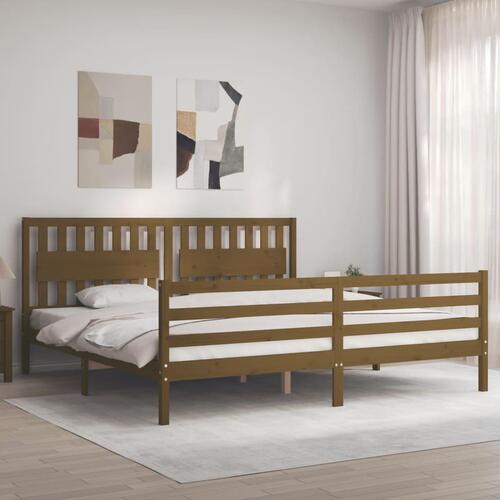 Sengeramme med sengegavl 200x200 cm massivt træ gyldenbrun