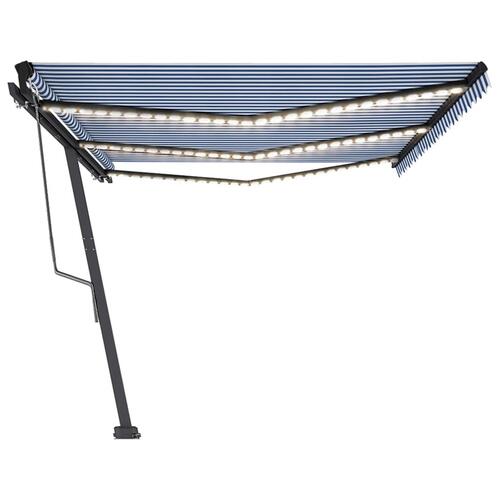 Markise m. LED + vindsensor 600x350 cm automatisk blå og hvid