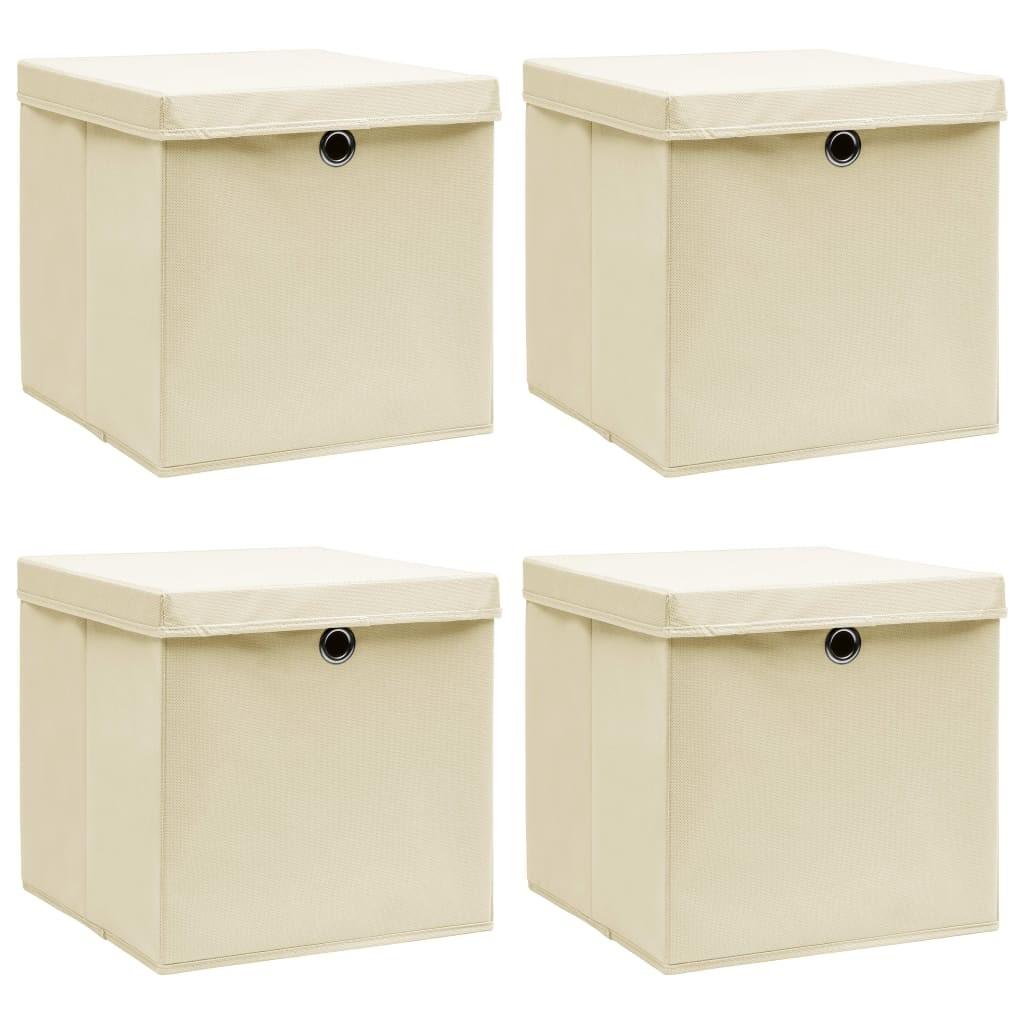 Opbevaringskasser med låg 4 stk. 32x32x32 stof cremefarvet