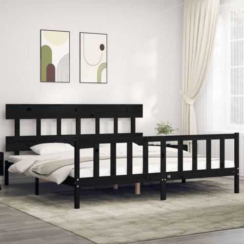 Sengeramme med sengegavl Super King Size massivt træ sort