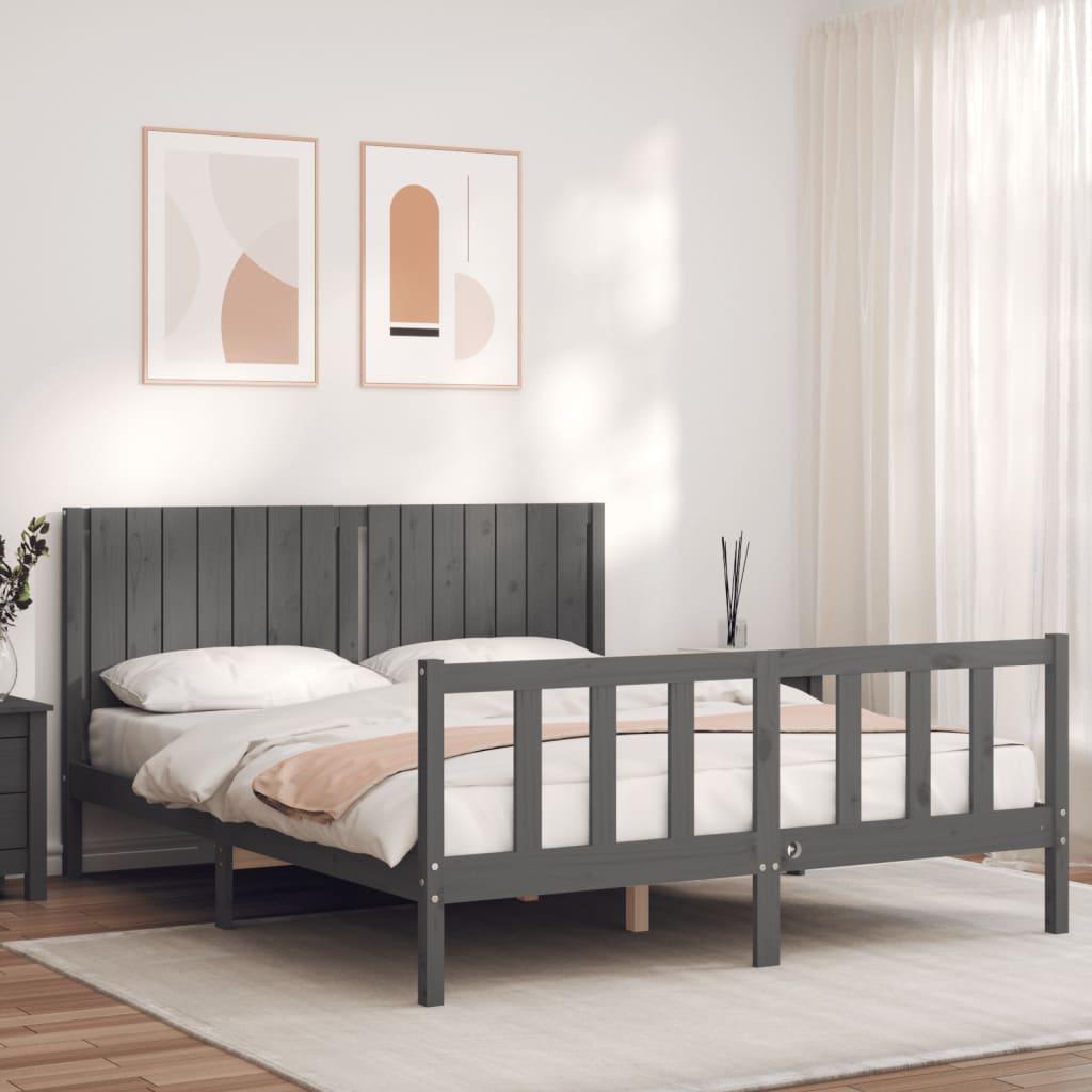 Sengeramme med sengegavl kingsize massivt træ grå