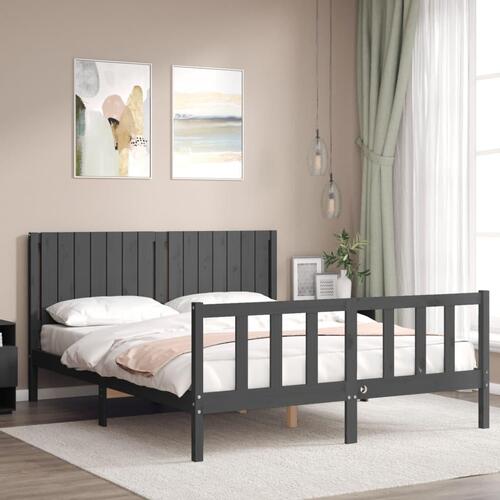 Sengeramme med sengegavl kingsize massivt træ grå