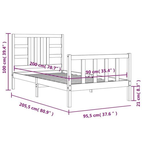 Sengeramme med sengegavl 90x200 cm massivt træ
