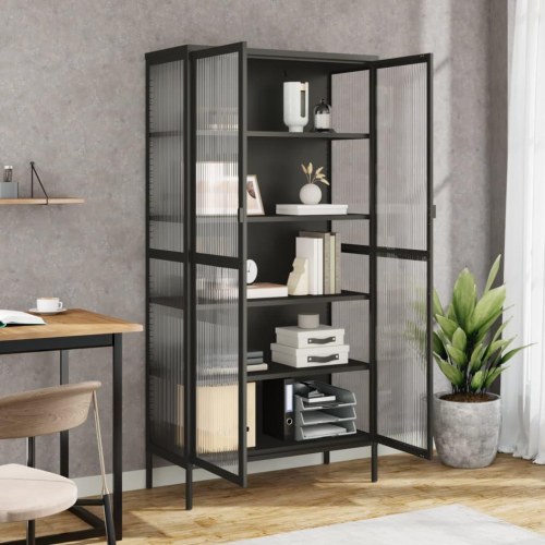 Skab med riflet glas - 85×40×180 cm, sort stål