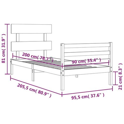 Sengeramme med sengegavl 90x200 cm massivt træ