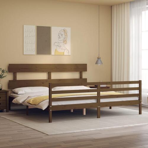 Sengeramme med sengegavl 200x200 cm massivt træ gyldenbrun
