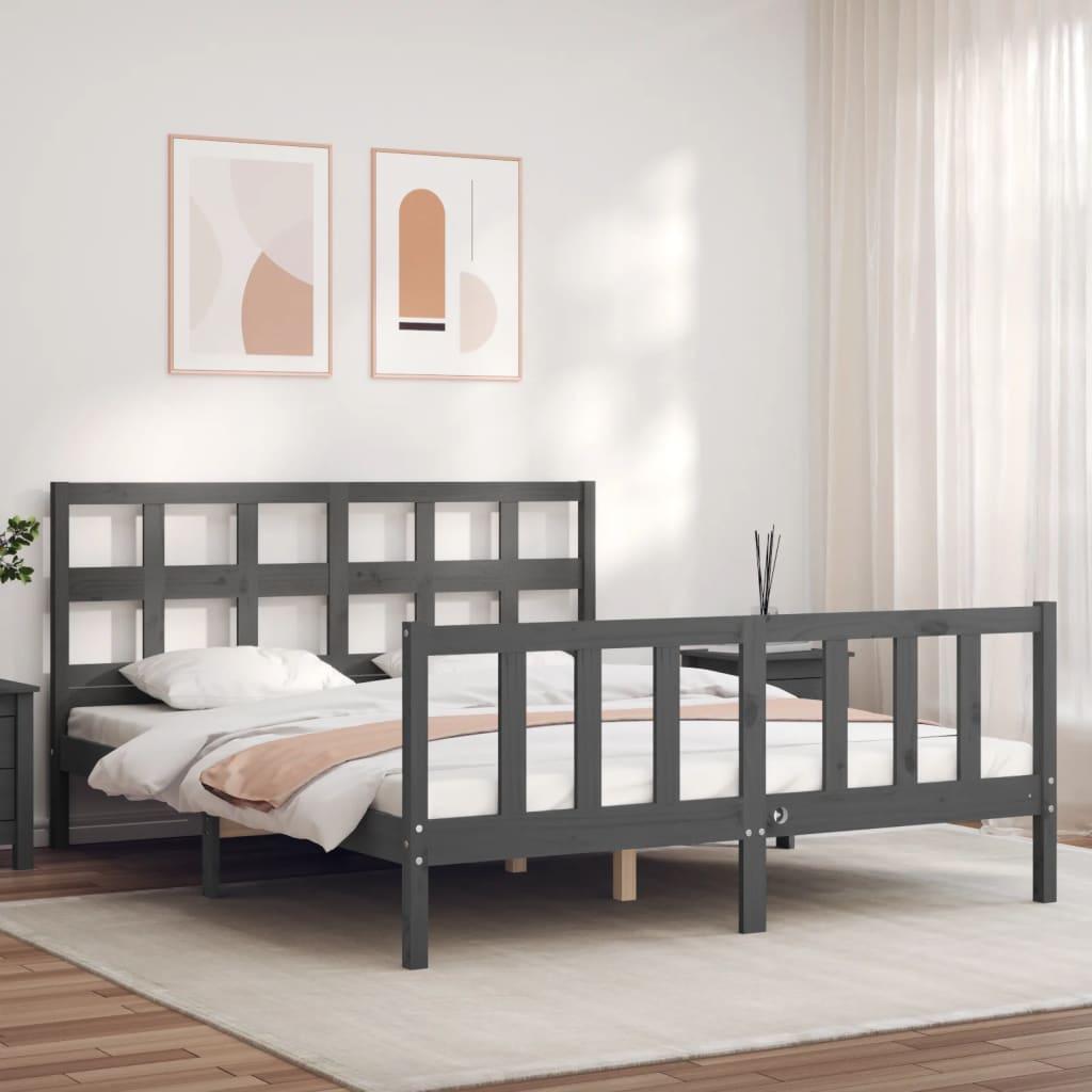 Sengeramme med sengegavl kingsize massivt træ grå