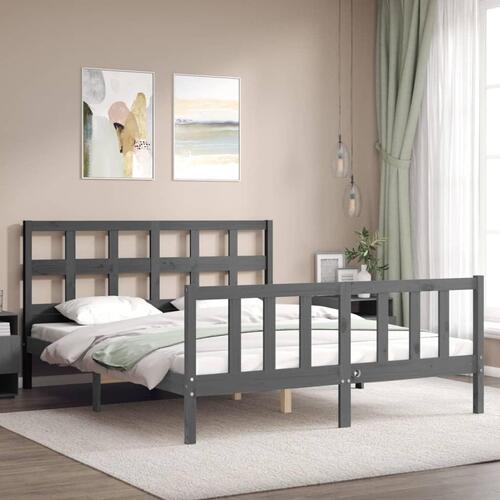Sengeramme med sengegavl kingsize massivt træ grå