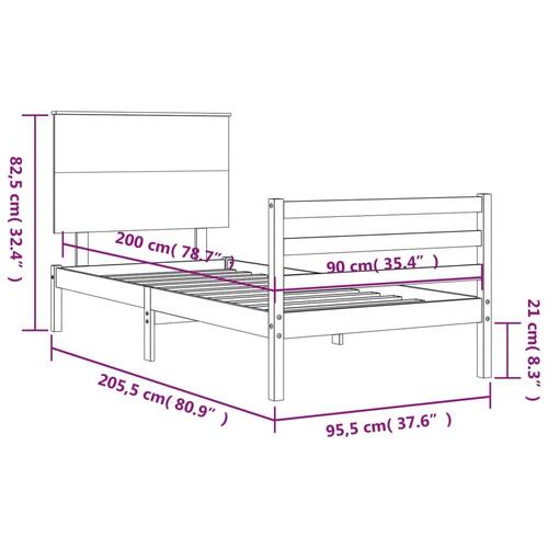 Sengeramme med sengegavl 90x200 cm massivt træ hvid