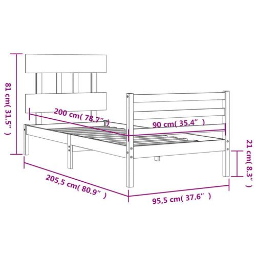Sengeramme med sengegavl 90x200 cm massivt træ
