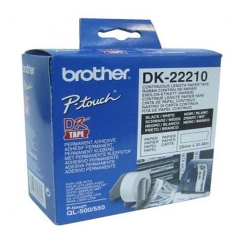 Papir I baner til printere Brother DK22210 29 x 30,48 mm Hvid Sort 80 g/m² (1 enheder)