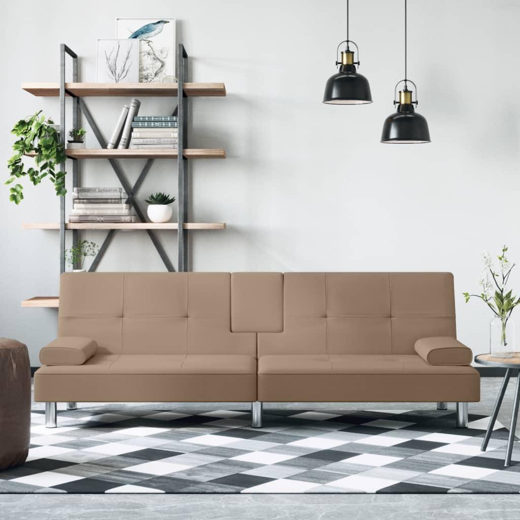 Sovesofa med kopholdere kunstlæder cappuccinofarvet