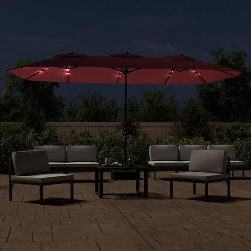 Parasol m. dobbelt parasoldug og LED-lys 449x245 cm bordeauxrød