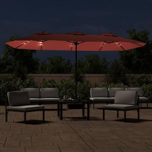 Parasol med dobbelt parasoldug og LED-lys 449x245 cm terrakotta