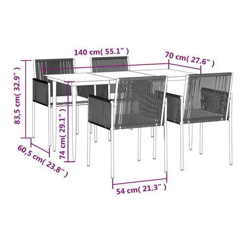 Spisebordssæt til haven 5 dele m. hynder polyrattan + stål sort