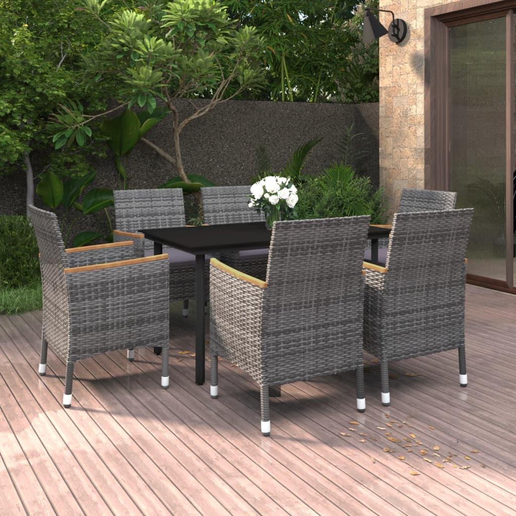 Spisebordssæt til haven 7 dele med hynder polyrattan og glas