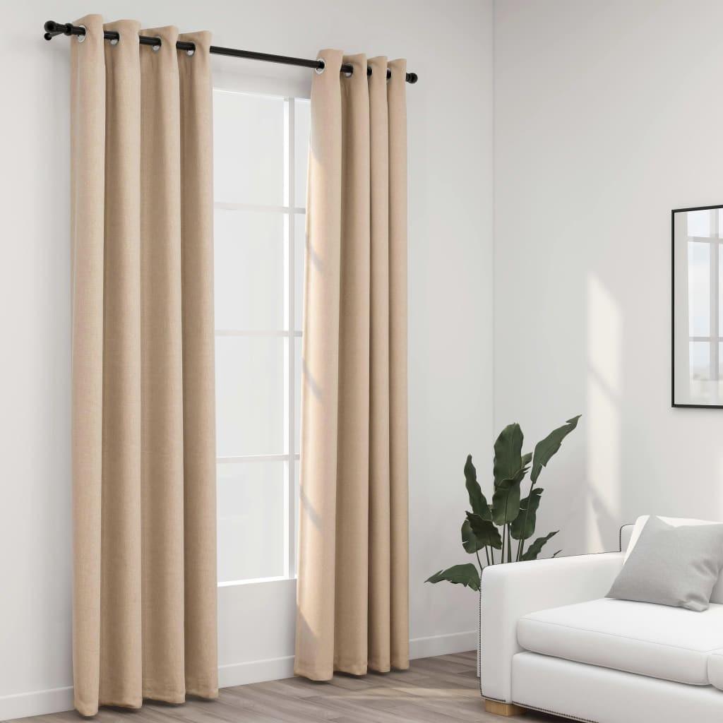 Lysdæmpende gardiner med øjer 2 stk. hør-look 140x225 cm beige