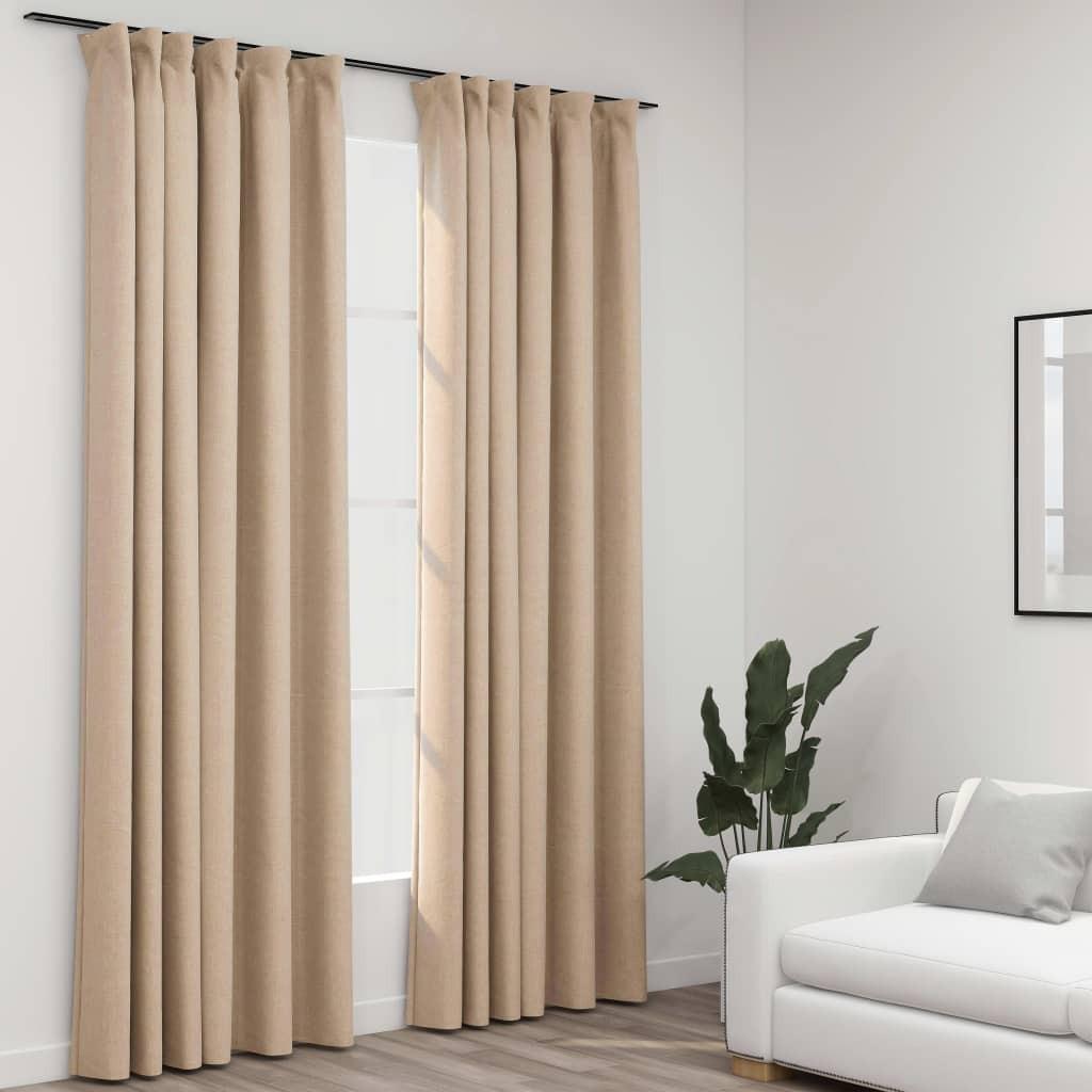 Lysdæmpende gardiner med kroge 2 stk. hør-look 140x245 cm beige