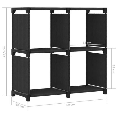 Displayreol med 4 kubeformede rum 69x30x72,5 cm stof sort