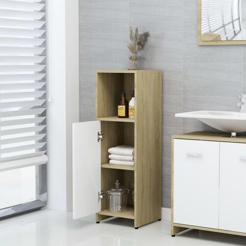 Badeværelsesskab 30x30x95 cm konstrueret træ hvid og sonoma eg