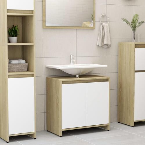 Badeværelsesskab 60x33x61 cm spånplade hvid og sonoma-eg