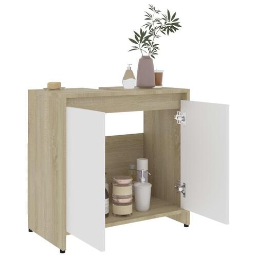 Badeværelsesskab 60x33x61 cm spånplade hvid og sonoma-eg
