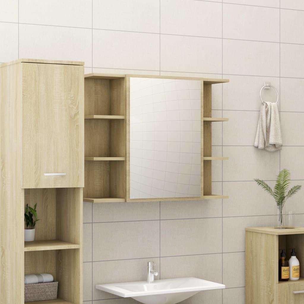 Badeværelsesskab spejl 80x20,5x64 cm konstrueret træ sonoma-eg
