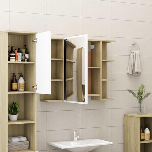 Badeværelsesskab m spejl 80x20,5x64 cm spånplade sonoma-eg hvid