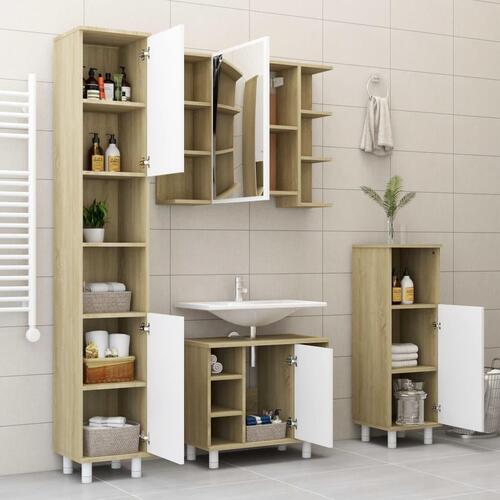Badeværelsesskab m spejl 80x20,5x64 cm spånplade sonoma-eg hvid