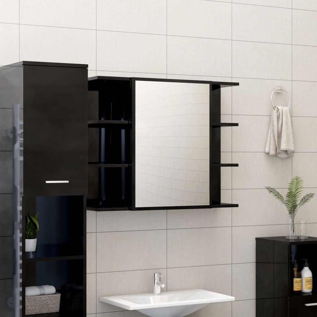 Badeværelsesskab m. spejl 80x20,5x64 cm spånplade sort højglans