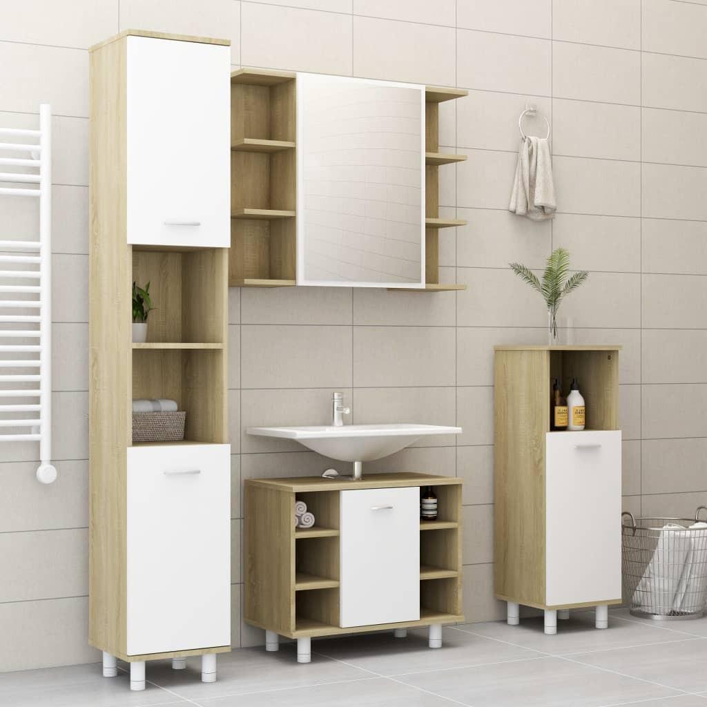 Badeværelsesskab 30x30x179 cm spånplade hvid sonoma-eg