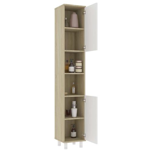 Badeværelsesskab 30x30x179 cm spånplade hvid sonoma-eg