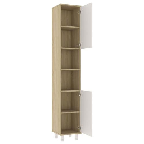 Badeværelsesskab 30x30x179 cm spånplade hvid sonoma-eg