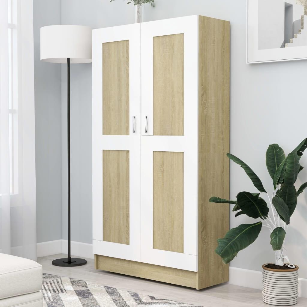Bogreol 82,5x30,5x150 cm konstrueret træ hvid og sonoma-eg