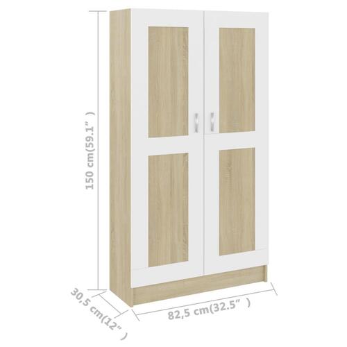 Bogreol 82,5x30,5x150 cm konstrueret træ hvid og sonoma-eg