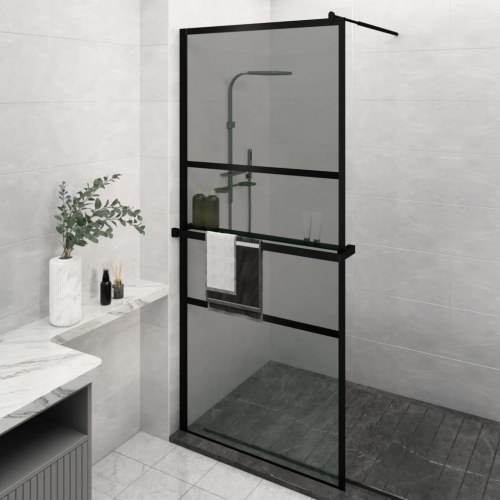 Brusevæg med hylde 90x195 cm sikkerhedsglas og aluminium sort