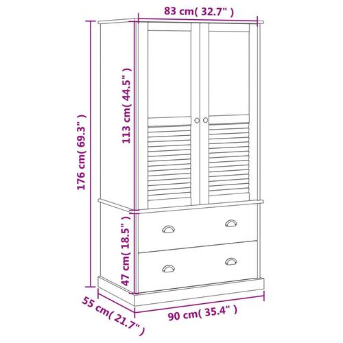 Klædeskab VIGO 90x55x170 cm massivt fyrretræ grå