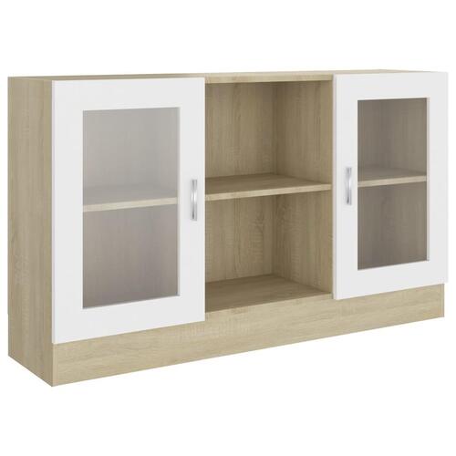 Vitrineskab 120x30,5x70 cm konstrueret træ hvid og sonoma-eg