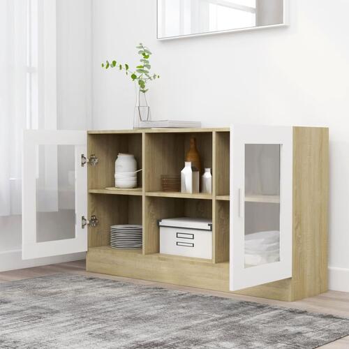 Vitrineskab 120x30,5x70 cm konstrueret træ hvid og sonoma-eg