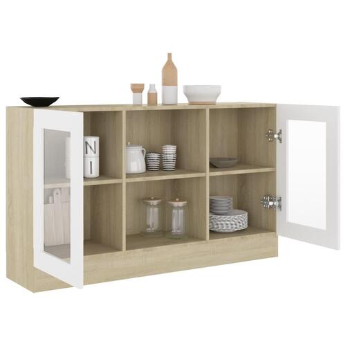 Vitrineskab 120x30,5x70 cm konstrueret træ hvid og sonoma-eg