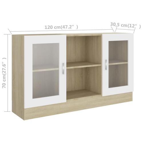 Vitrineskab 120x30,5x70 cm konstrueret træ hvid og sonoma-eg