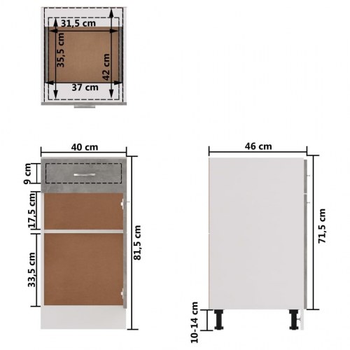Underskab med skuffe 40×46×81,5 cm - konstrueret træ, betongrå