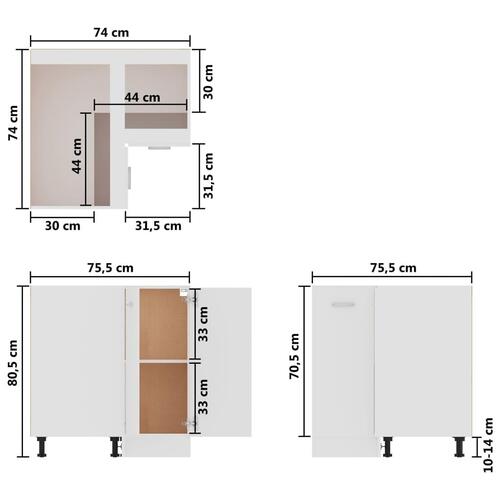 Hjørneunderskab 75,5x75,5x81,5 cm konstrueret træ hvid