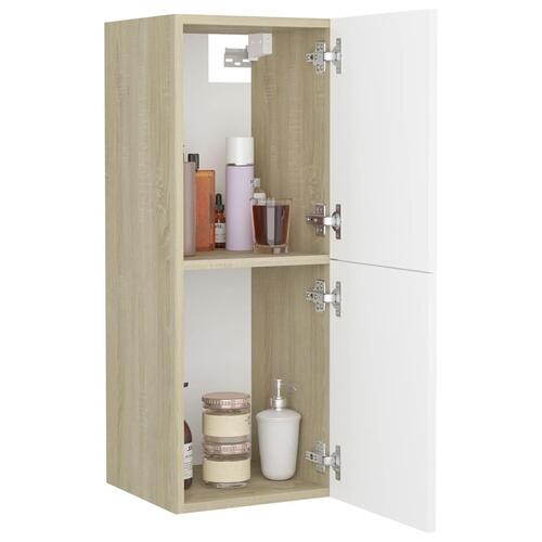 Badeværelsesskab 30x30x80 cm konstrueret træ hvid og sonoma-eg